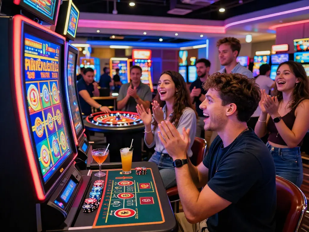 Lucky777 players enjoying a vibrant casino experience with lively atmosphere and slot machines.
