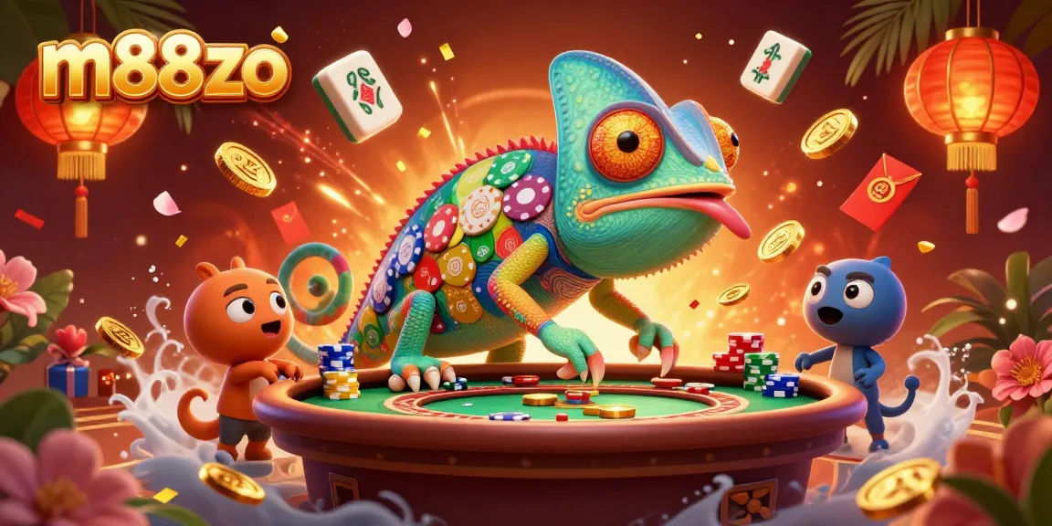 Experience the vibrant world of m88zo with a 3D chameleon casino owner collecting coins amidst lively gaming elements.