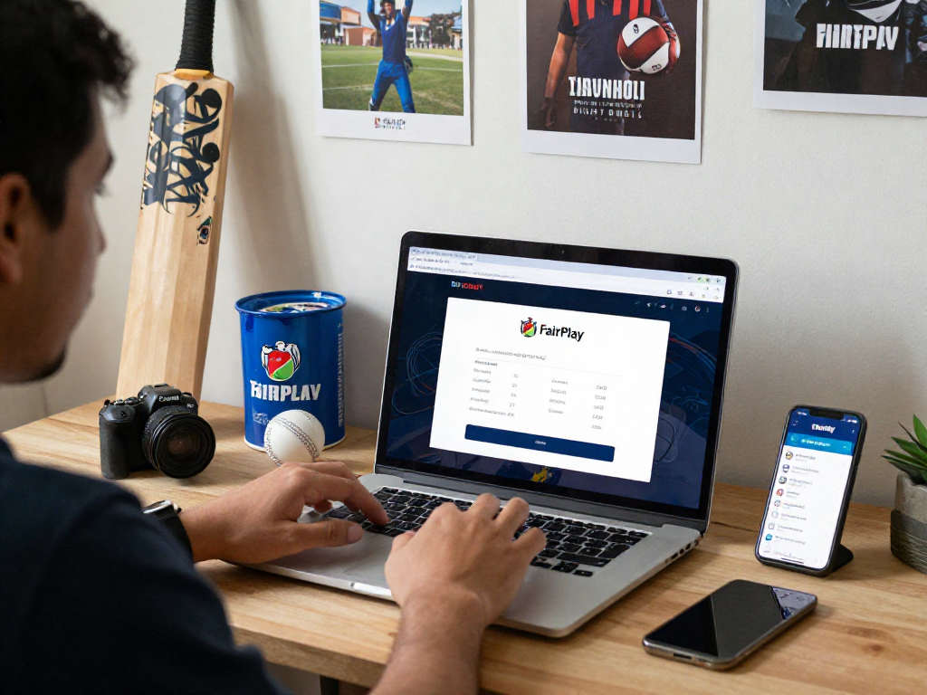 Person using FairPlay login on laptop in a vibrant home office filled with cricket memorabilia.