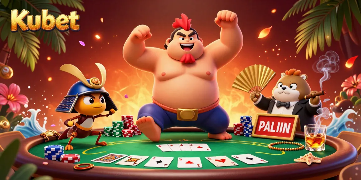 Kubet showcases a powerful sumo wrestler rooster in a vibrant casino scene, emphasizing poker excitement and dynamic gaming.