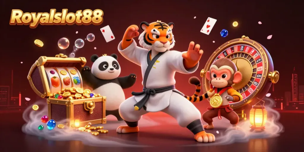 Royalslot88 menghadirkan momen di kasino dengan karakter kung fu dan elemen permainan slot yang menarik.