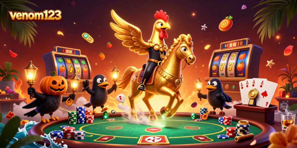 Bermain di venom123 dengan simbol buah dan jackpot berkilau di latar belakang kasino yang magis.