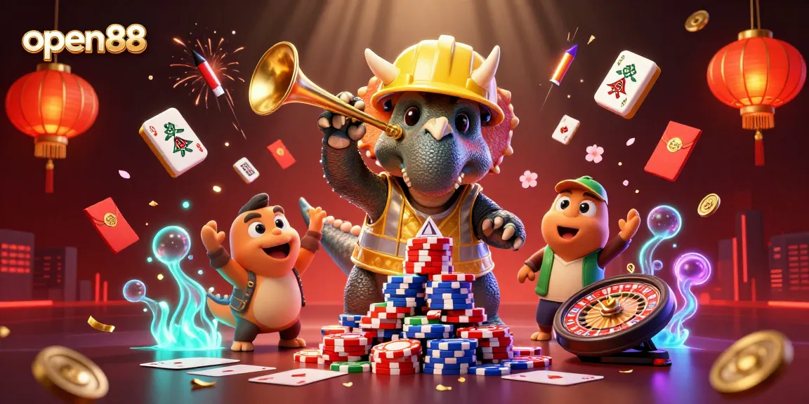 Join the excitement of open88 as a triceratops builds poker chip pyramids with cheerful companions!