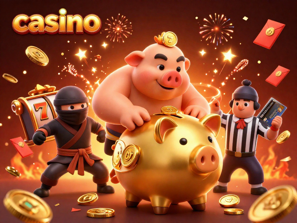 Celebrate big wins in the casino with this lively 3D illustration of a piggy bank sumo wrestler and ninja.