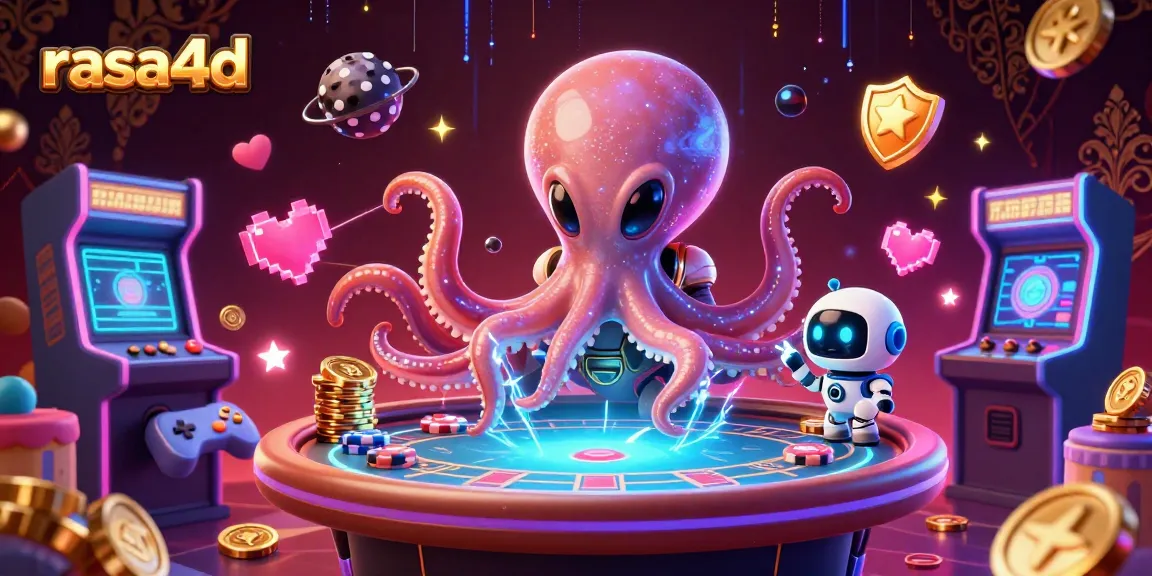 Permainan poker inovatif dengan rasa4d di tengah galaksi, dikelilingi mesin arcade berwarna-warni.