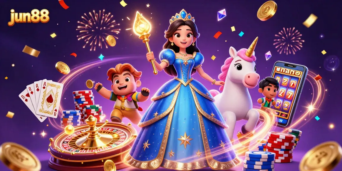 Experience the excitement of gambling with jun88 through a vibrant 3D casino illustration featuring dynamic game elements.