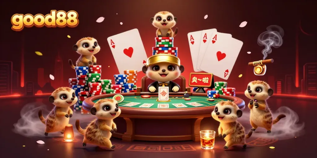good88 meerkats enjoying a vibrant casino scene, showcasing poker elements and dynamic action