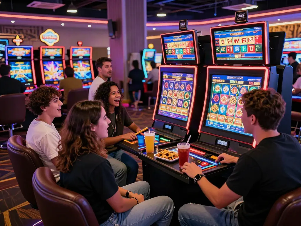 Friends enjoying the rokok88 slot game in a lively casino environment.