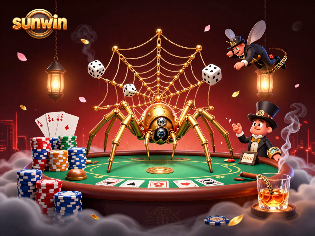 Sunwin offers a vibrant poker scene featuring a steampunk spider and a fly gentleman caught in a web of luck and strategy.