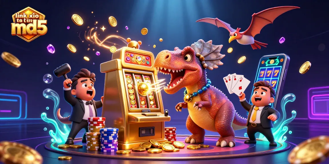 Experience the excitement of link vào tài xỉu md5 with a colorful dynamic casino illustration featuring playful dinosaur characters.