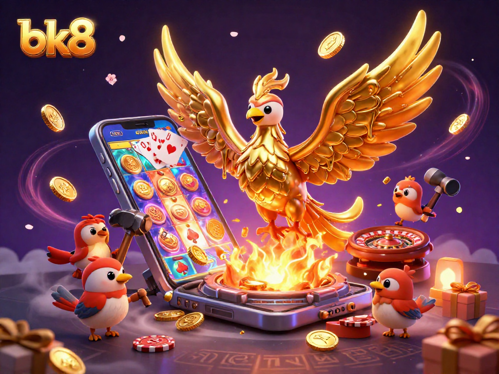Experience the thrill of bk8 with a phoenix emerging from a forge, surrounded by lively casino elements.