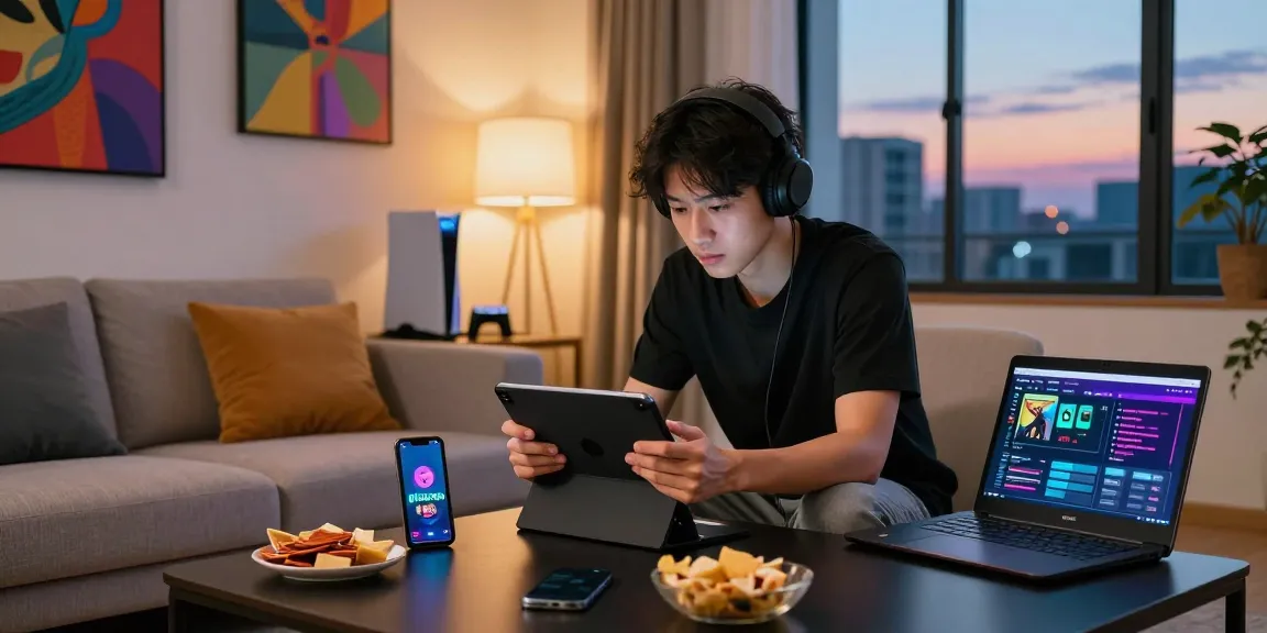 Intense Mega888 download gaming session in a stylish living room with vibrant decor and technology.