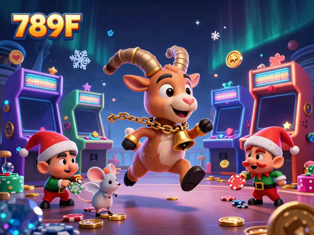Experience thrilling gameplay with 789F's exciting holiday-horror casino scene featuring Krampus, an angel mouse, and elf gremlins.