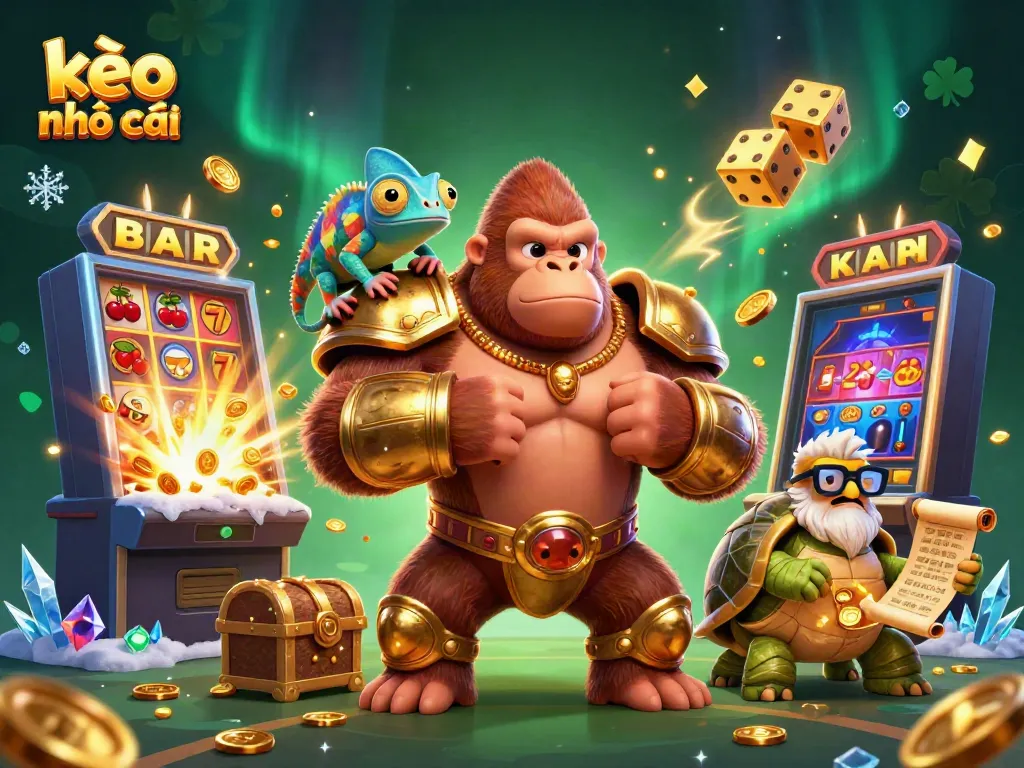 Engage with kèo nhà cái through an exciting 3D scene of vibrant characters and casino elements.
