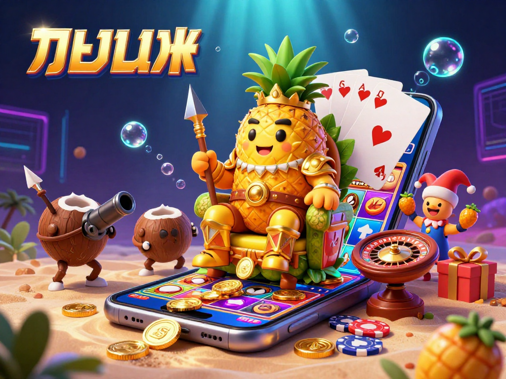 Engage in exciting แทงบอล action with a colorful beach casino scene featuring a golden pineapple king and dynamic game elements.