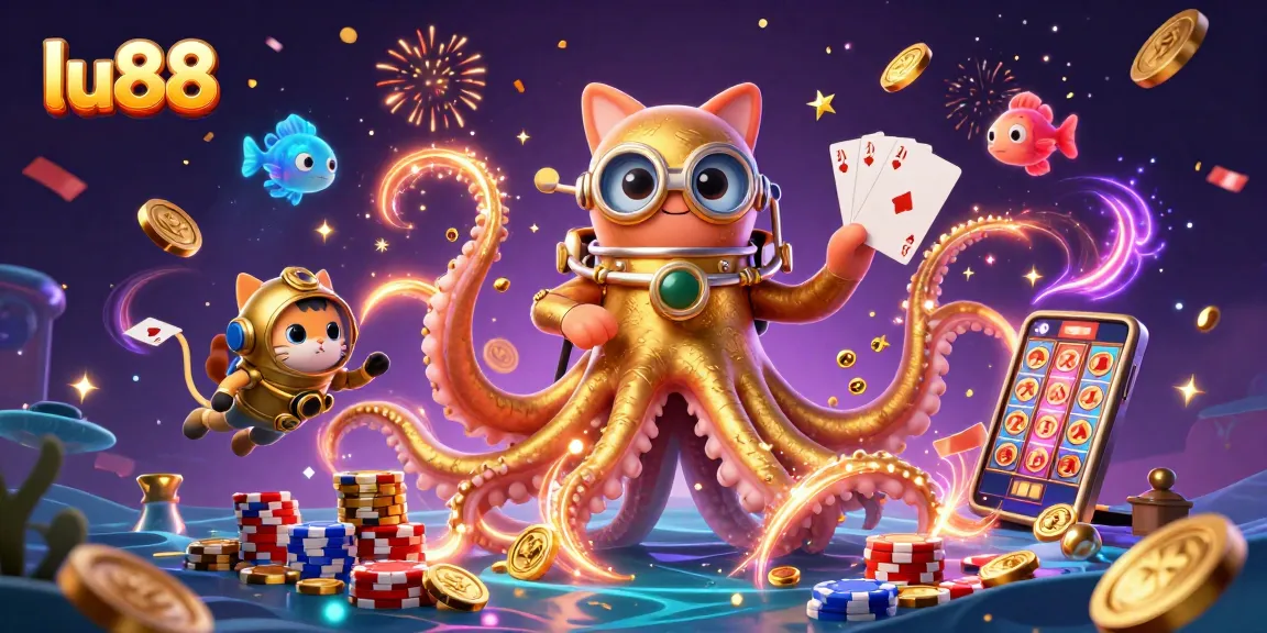 Experience excitement with lu88 as a kraken, diving cat, and glowing fish fill a vibrant casino scene.