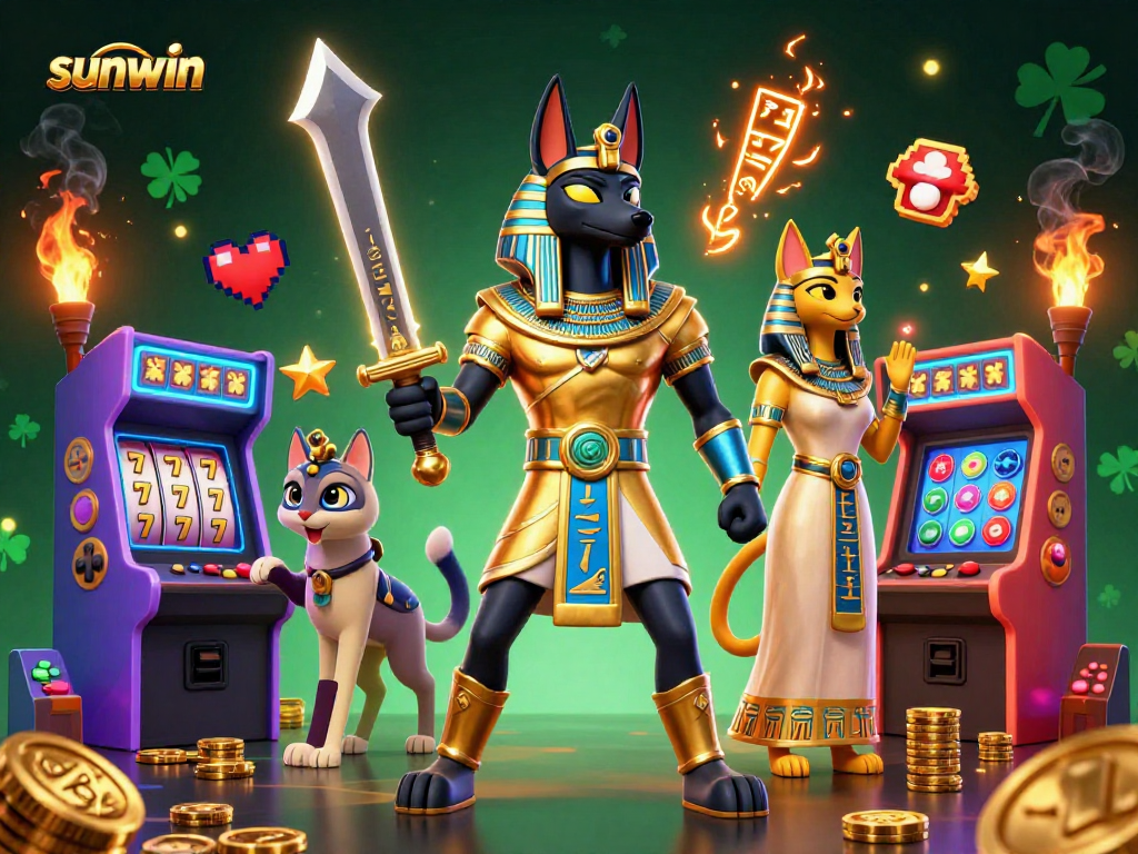 Play thrilling slots with sunwin amidst ancient Egyptian warriors and vibrant arcade elements.