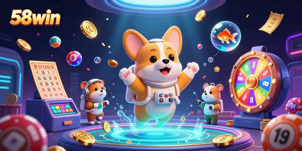 Engage with thrilling games at 58win Casino featuring dynamic poker chips and floating elements.