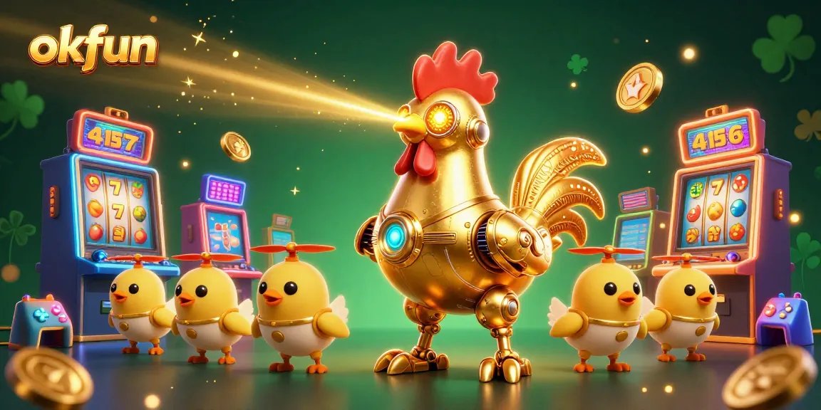 Engage with exciting slot games at okfun, featuring a golden rooster robot and colorful retro elements.