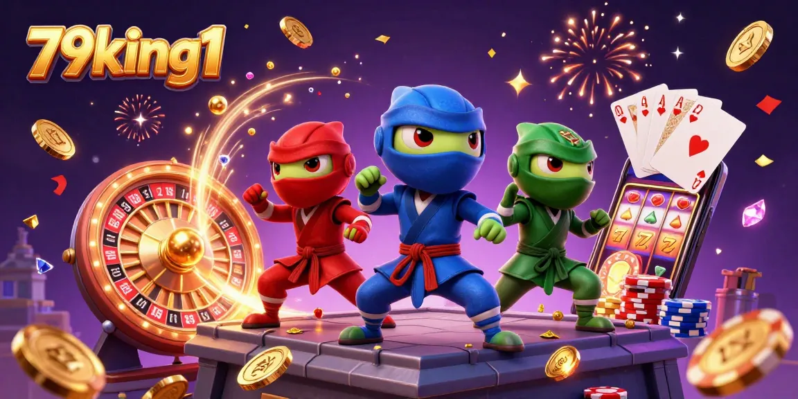 Engage with 79king1 as ninja chameleons celebrate in a vibrant 3D casino scene filled with gold coins.