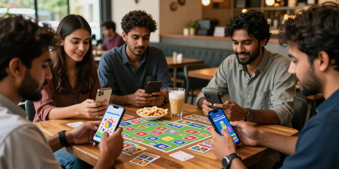 Engaging scene from https://cardrummy.org.pk/ showcasing players enjoying Card Rummy on mobile devices in a lively café setting, emphasizing fun and community.