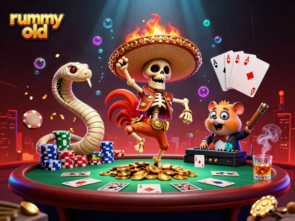 Permainan rummy old yang menarik ditampilkan dengan karakter unik di kasino virtual.