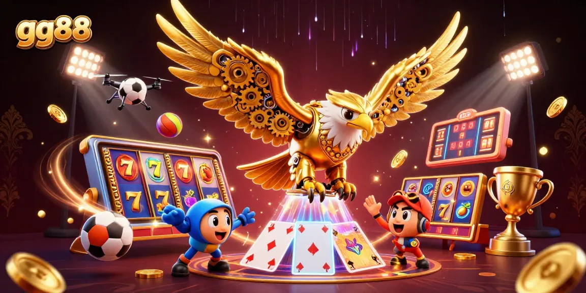 Experience thrilling action at gg88 with a golden eagle soaring through casino games, decked with vibrant symbols.