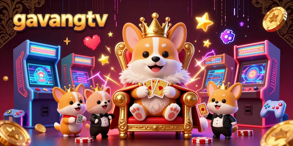 Experience dynamic gambling excitement with gavangtv's vibrant illustration of a cartoon royal corgi on poker chips.