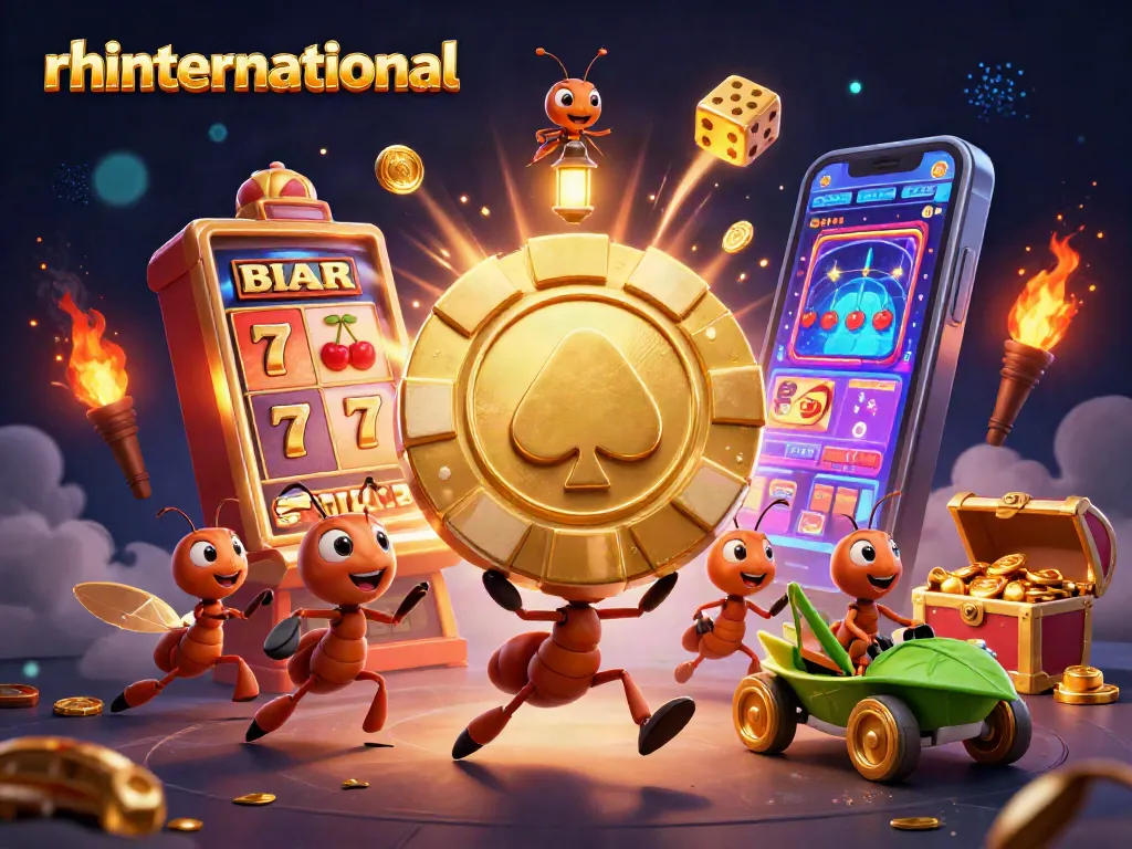 Rhinternational menghadirkan aksi tim semut 3D mencuri chip poker emas besar dengan elemen kasino di sekelilingnya.