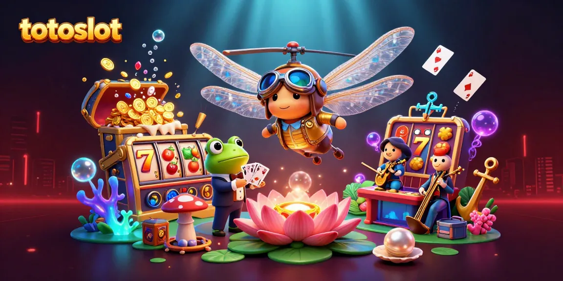 Totoslot engagingly depicts a lively casino scene with unique characters, slot reels, and vibrant elements.