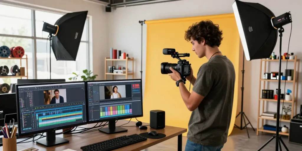 Testimonial video production Long Beach, California, featuring a videographer in a vibrant studio, capturing storytelling elements with editing equipment and natural light for dynamic visuals.