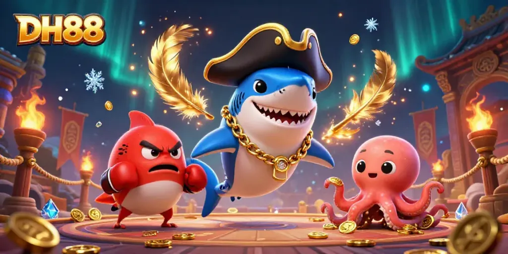 Engage in thrilling games at DH88 with a vibrant pirate-themed casino scene featuring animated characters and gold coins.