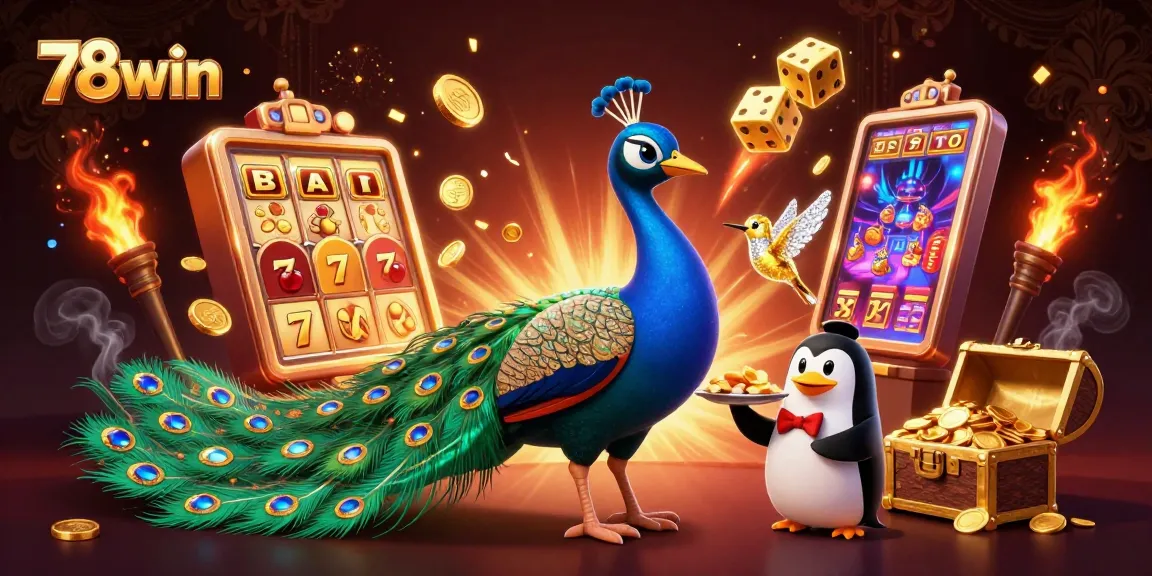 Engage with thrilling 78win casino gaming featuring a peacock, butler penguin, and vibrant slot machine