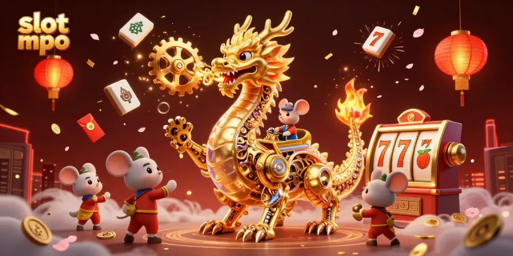 Experience excitement with slot mpo featuring a mechanical dragon and golden treasures swirling around.