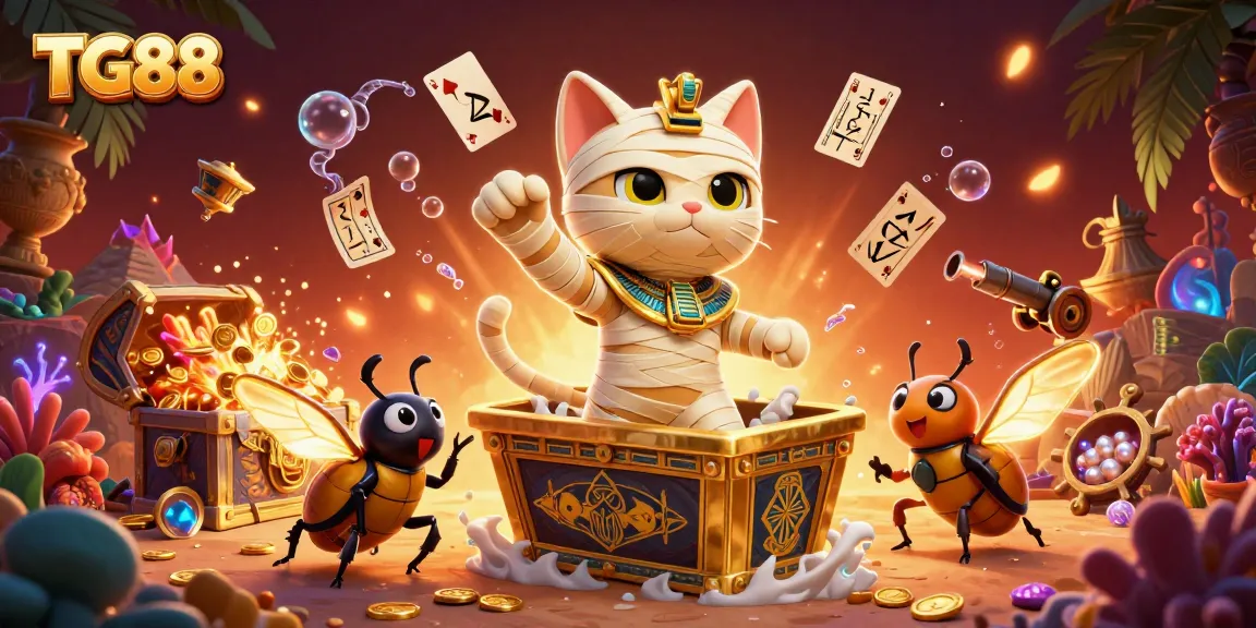 Watch the Egyptian mummy cat at TG88 burst from a sarcophagus in a vibrant casino scene.