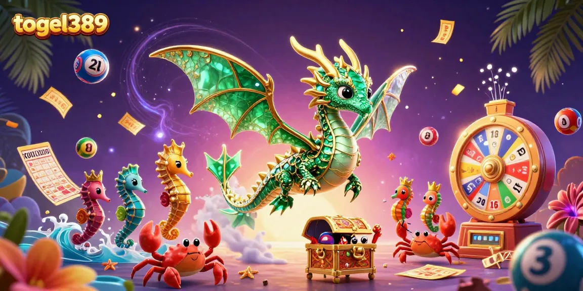 Win big with togel389: A vibrant scene capturing a dragon, seahorse, and lucky lottery elements.