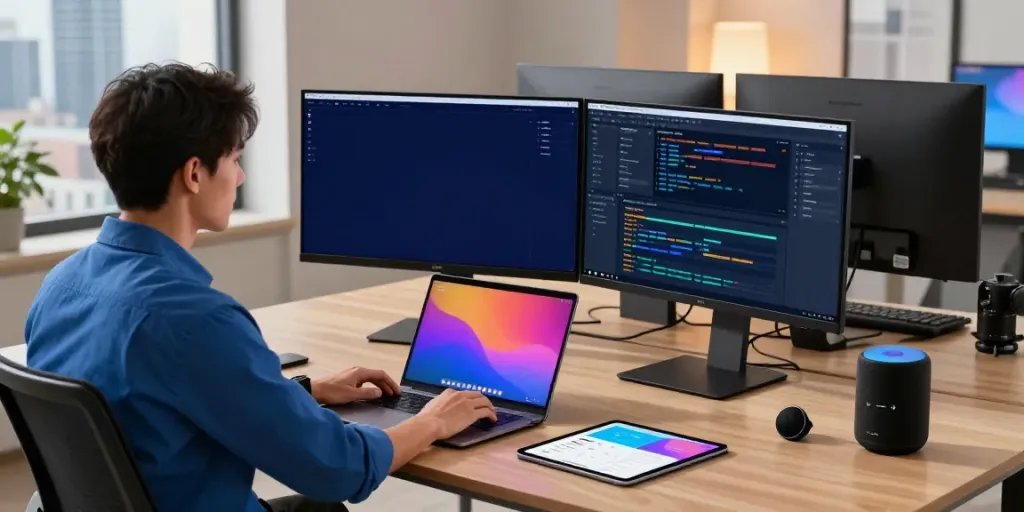 A80 information platform development workspace with dual monitors, sleek gadgets, and modern tech ambiance.