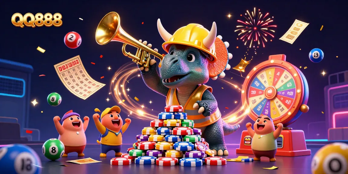 Experience thrilling wins with QQ888, a vibrant scene of dynamic gaming elements celebrating casino luck.