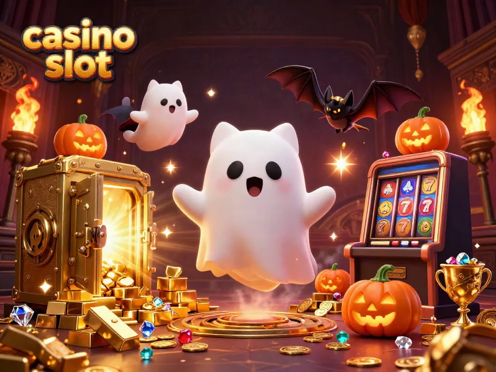 Experience the excitement of casino slot games with a friendly ghost cat in a haunted mansion.