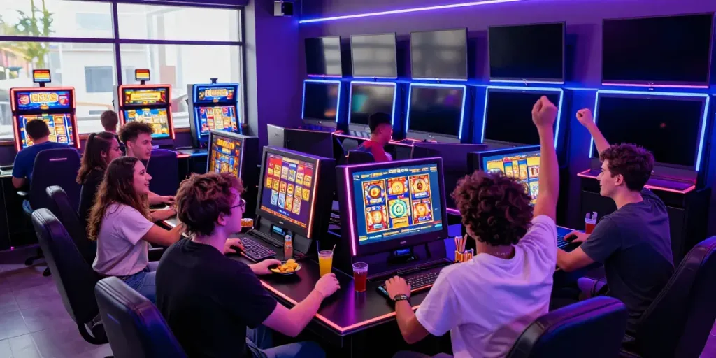 Friends enjoying a vibrant gaming lounge with slot88 machines, celebrating wins and camaraderie.