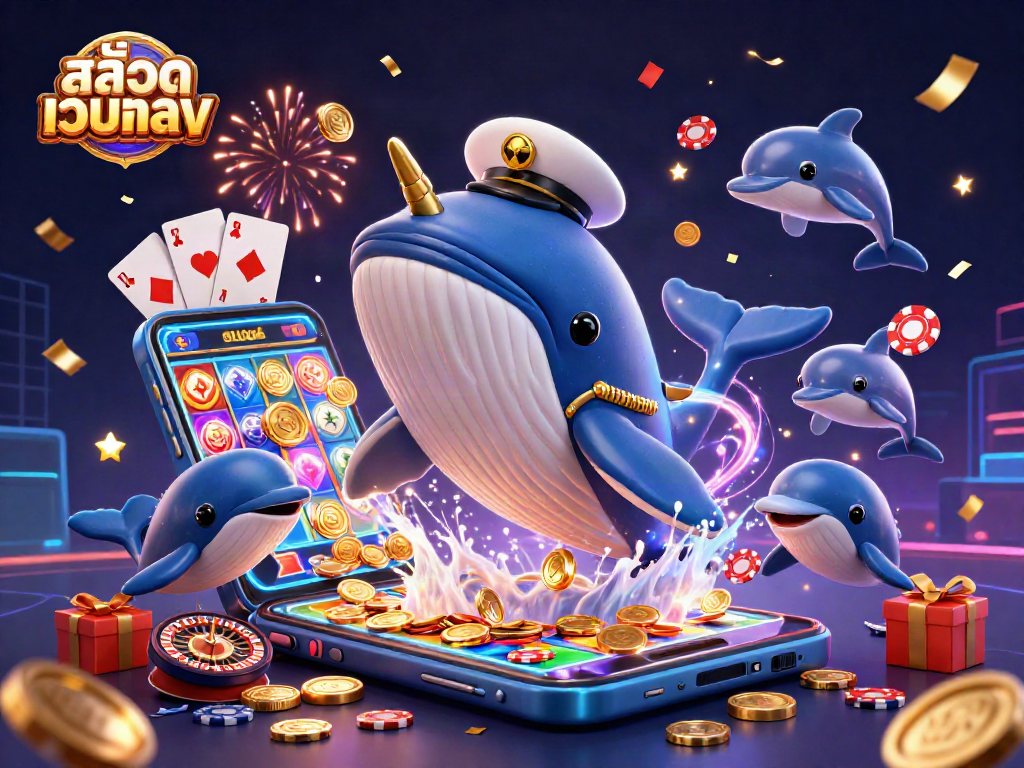 Engage in thrilling gameplay with สล็อตเว็บตรง as cartoon whale and dolphin friends celebrate in a sea of coins.