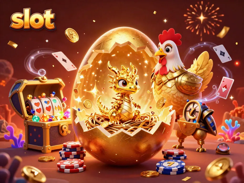 Experience the thrill of slot gaming with a golden dragon and casino elements in this vibrant illustration.