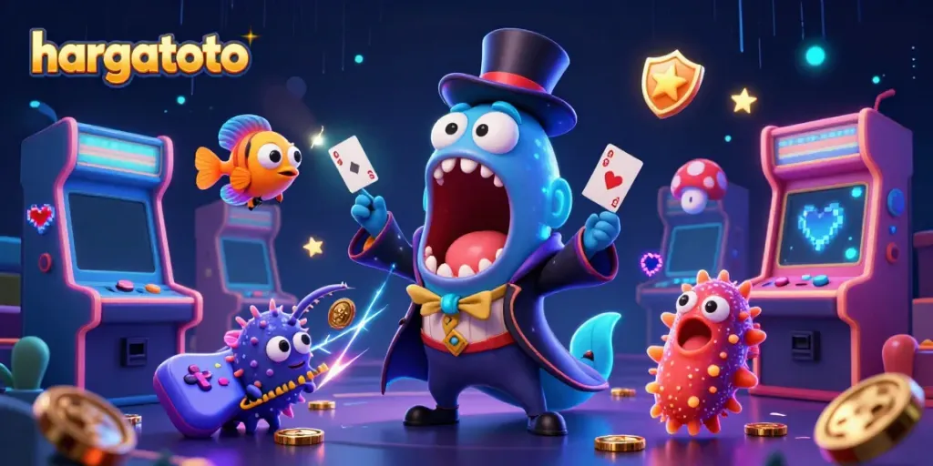 Memperlihatkan hargatoto sebagai platform permainan slot dan togel, dengan karakter lucu di panggung magis.