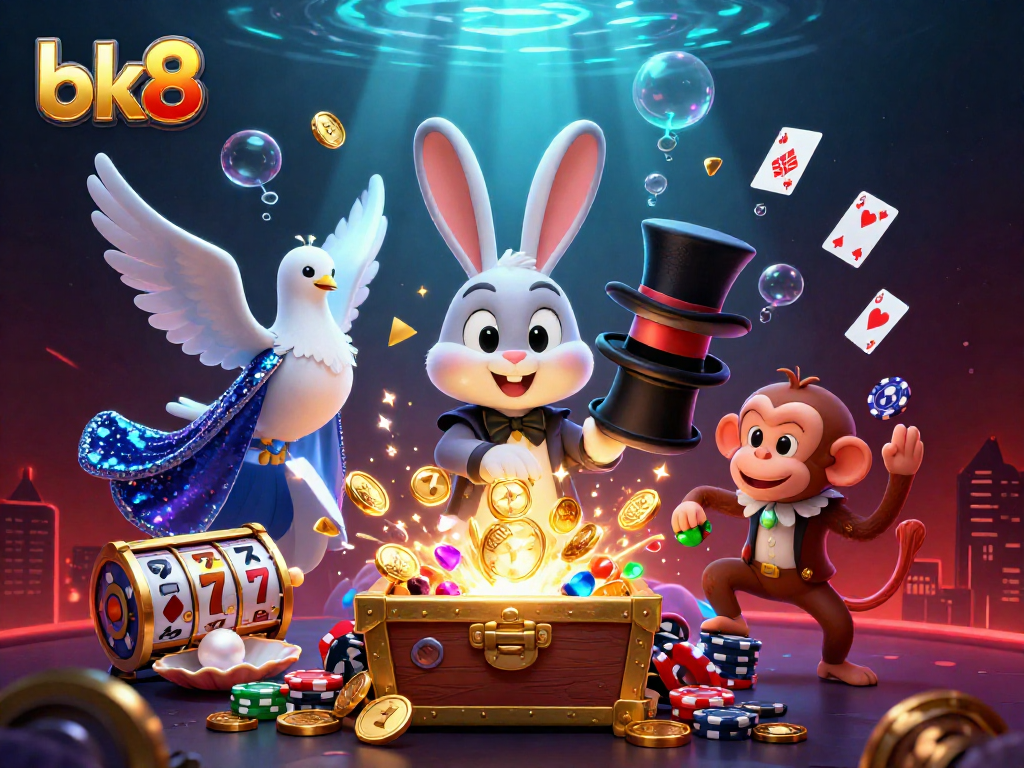 Bettors pull massive winnings using bk8's magical features amidst sparkling animations and casino symbols.