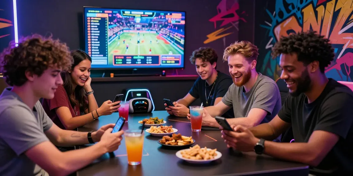 Friends engaged in online gaming, showcasing excitement in a lively atmosphere with vibrant urban elements, exploring Online Gaming.