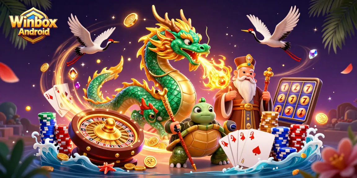 Experience the excitement of Winbox Android with a dynamic scene of gaming elements and mythical characters.