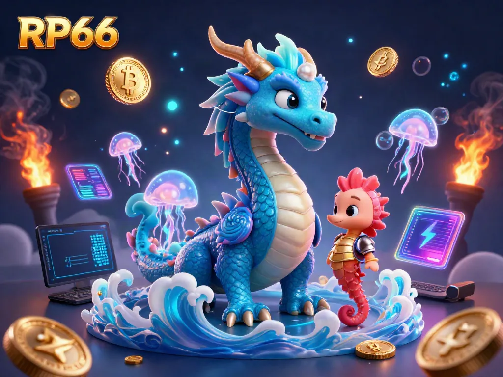 Engage in the RP66 gaming experience with a thrilling underwater scene featuring a dragon, knight, and glowing jellyfish.