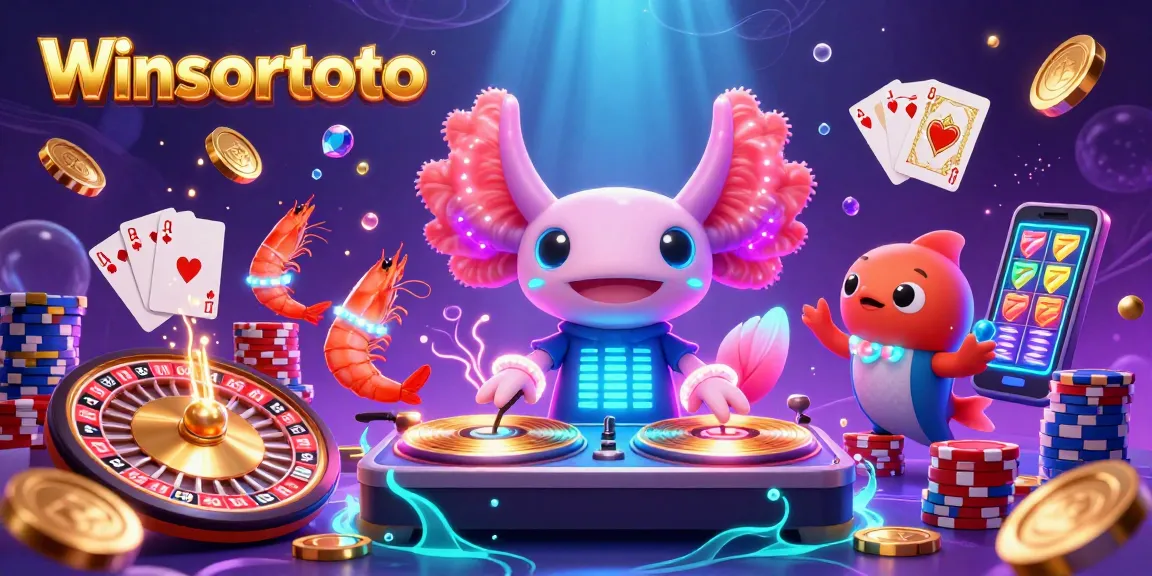 Celebrate winsortoto gameplay with a neon axolotl DJ, shimmering chips, and dynamic casino elements.