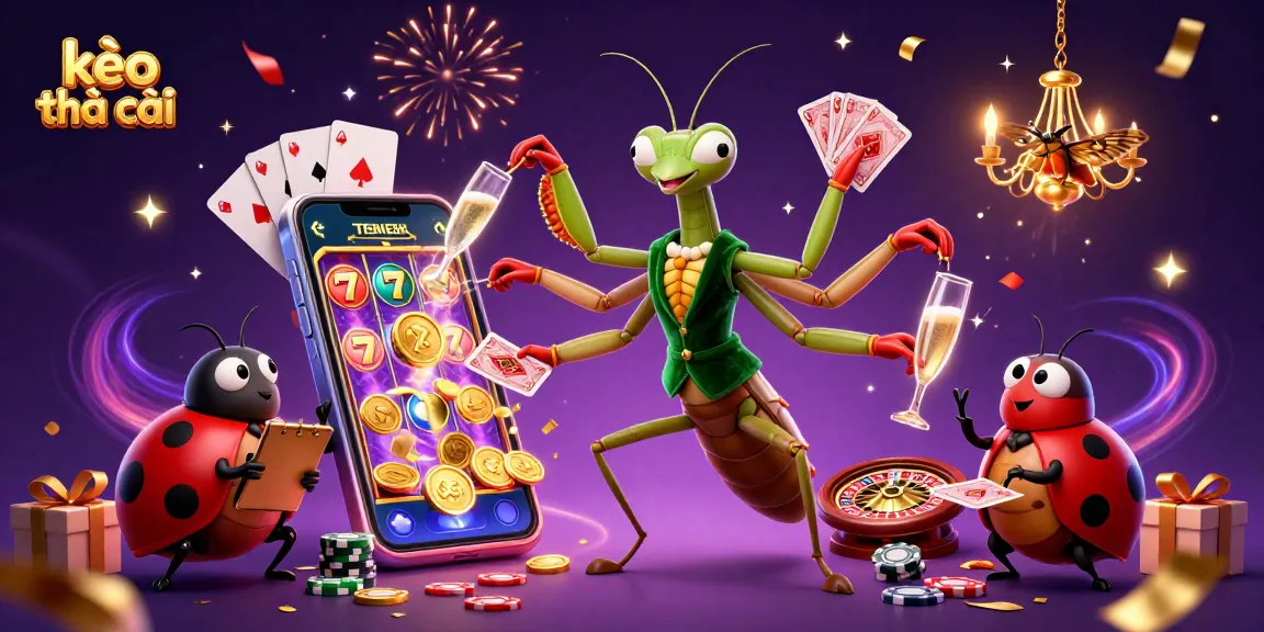 Experience kèo nhà cái excitement with a vibrant casino scene featuring colorful slots and lively characters.