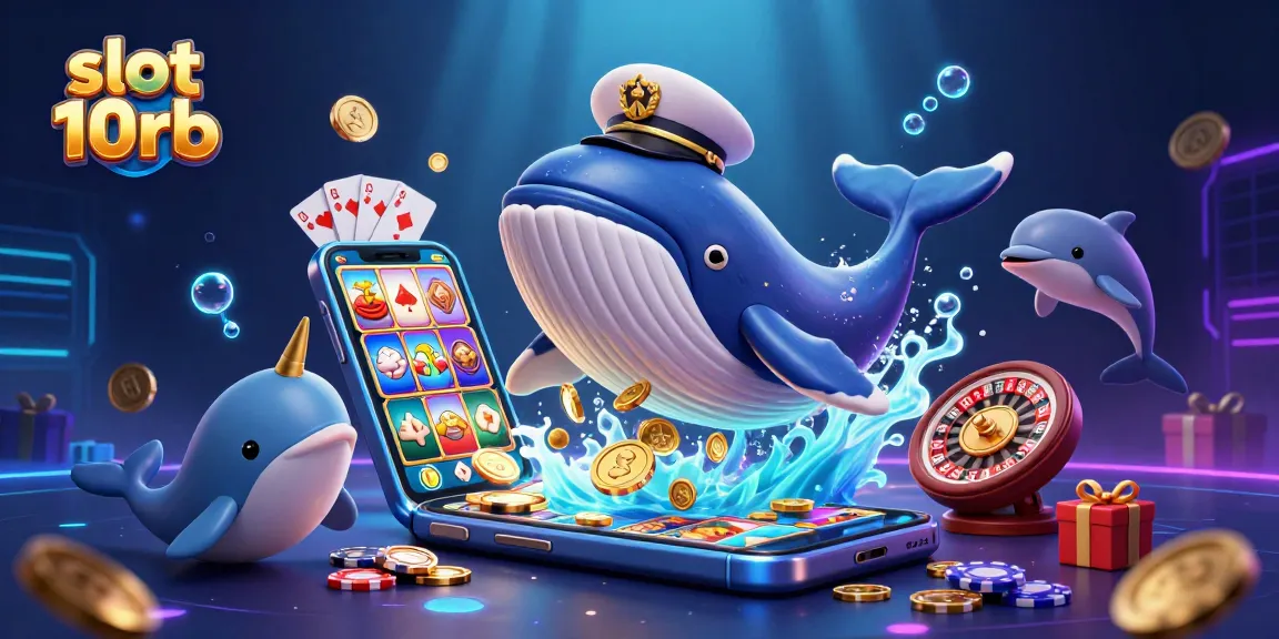 Engage with slot depo 10rb as a giant whale breaches through coins in a vibrant casino scene.
